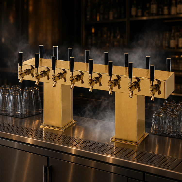 Product image #4 for Perlick Extra High Back-to-Back Bridge Tee Countertop Glycol-Cooled Draft Beer Tower, Brass Finish, 16 Faucets