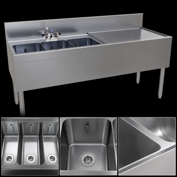 Product image #4 for Glastender Three-Compartment Stainless Steel Underbar Sink Unit with Right Drainboard and Faucet, 66 Inch x 24 Inch