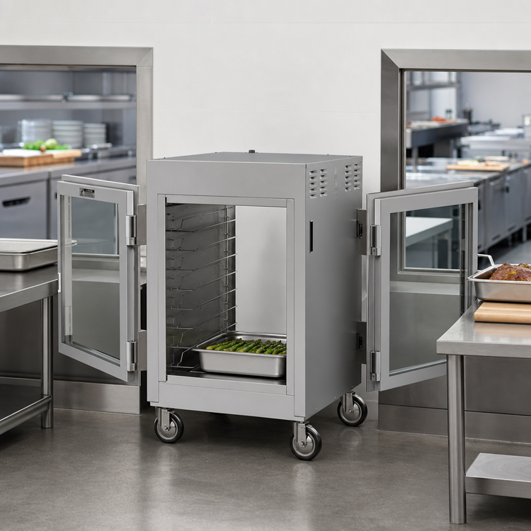 Product image #4 for Metro C5 8 Series Mobile Pass-Thru Controlled Temperature Holding Cabinet, 1/2 Height, Tempered Glass Doors