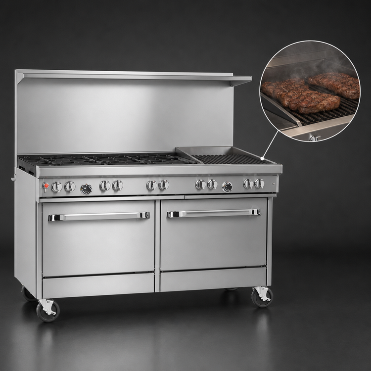 Product image #4 for Southbend Ultimate 60-Inch Gas Restaurant Range with 6 Burners, 24-Inch Charbroiler, Standard Oven and Cabinet Base