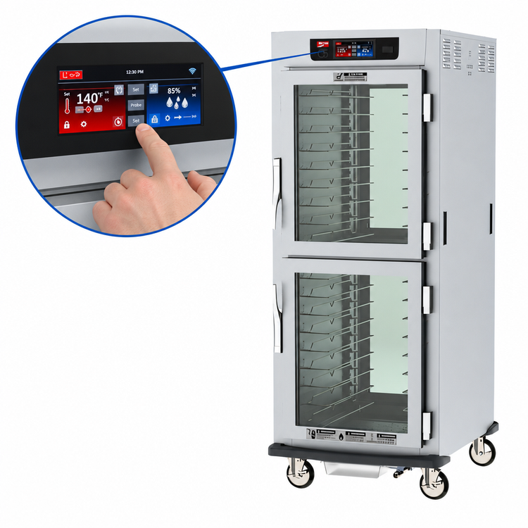 Product image #4 for Metro C5 9 Series Full-Height Pass-Thru Mobile Controlled Humidity Heated Holding and Proofing Cabinet with Glass Dutch Doors and Universal Wire Slides
