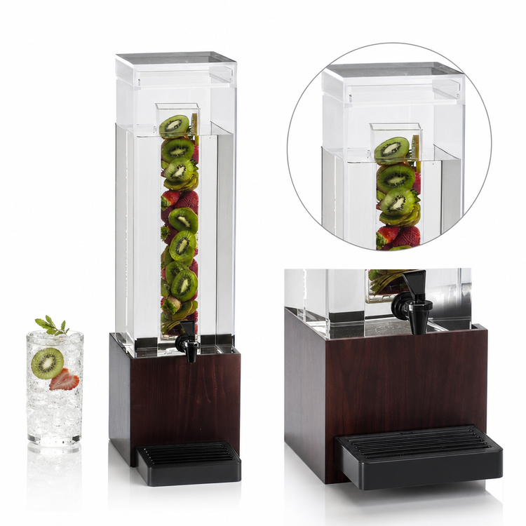 Product image #4 for Westport Single 1.5-Gallon Acrylic Beverage Dispenser with Ice Chamber, Drip Tray, and Dark Wood Base