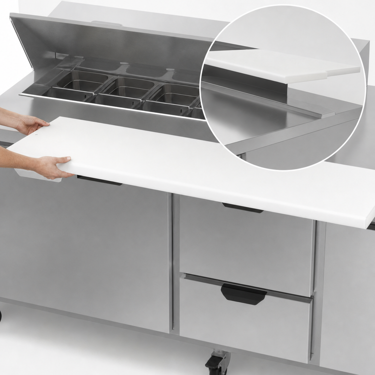 Product image #5 for Beverage-Air 72-Inch Three-Section Sandwich Prep Table Refrigerator with 17-Inch Cutting Board, 10-Pan Rail, 1 Door and 4 Drawers