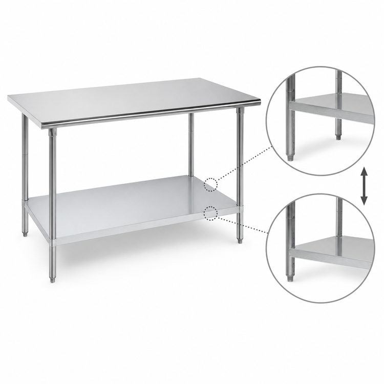 Product image #4 for Advance Tabco 108-Inch x 30-Inch 304 Stainless Steel Flat Top Work Table with Galvanized Legs and Adjustable Undershelf