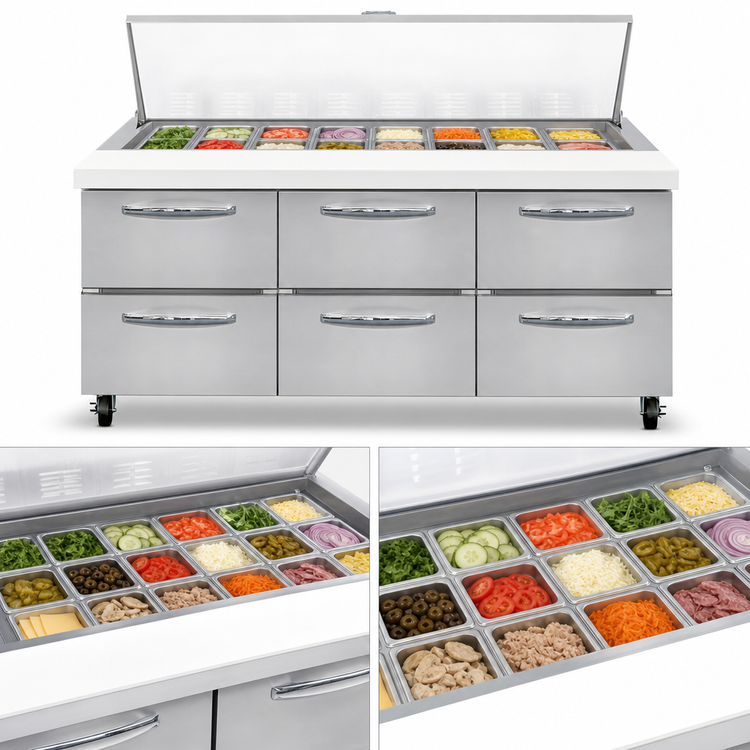 Product image #4 for Mighty Top SW72N18M-D 72" Three-Section Refrigerated Sandwich Prep Table with 6 Drawers