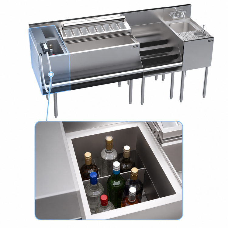 Product image #4 for Krowne Royal Series 74-Inch Stainless Steel Underbar Workstation with Ice Bin, Speedrail, Soda Gun Holder, and Hand Sink