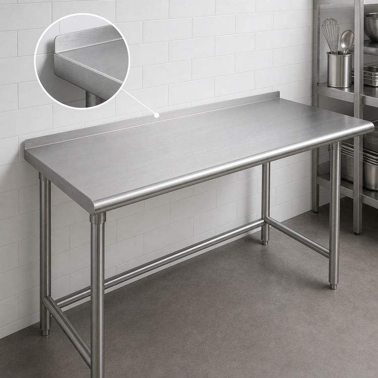 Product image #4 for Advance Tabco Premium Series 108-Inch x 30-Inch Stainless Steel Open Base Work Table with 1-1/2-Inch Rear Up-Turn, 14-Gauge 304 Top