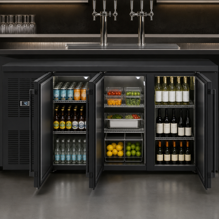 Product image #5 for Perlick Low-Profile 3-Door Self-Contained Side-Mount Back Bar Refrigerator, 84" W, 20.7 Cu. Ft., Black Exterior