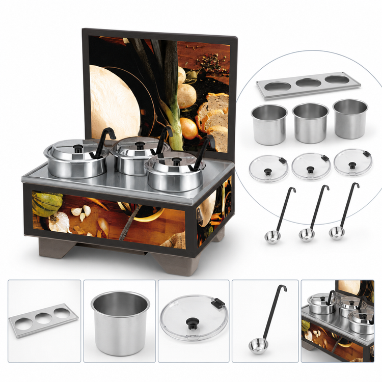 Product image #4 for Vollrath Cayenne Full-Size Electric Rethermalizing Soup Merchandiser Base with Menu Board and 4 Qt Accessory Pack