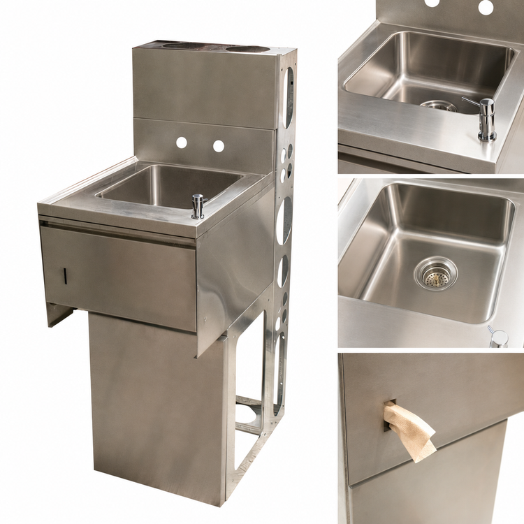 Product image #4 for BK Resources Slimline 1-Compartment Underbar Dump Sink with Faucet, Soap Dispenser, Basket Drain and Towel Dispenser