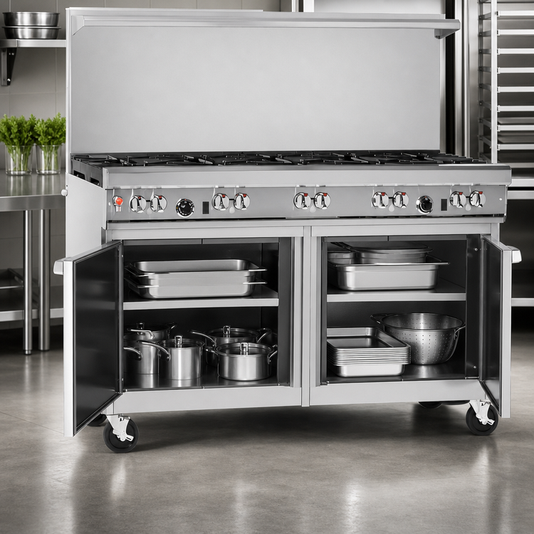 Product image #4 for Southbend Ultimate 60-Inch Commercial Gas Restaurant Range with 8 Burners, 2 Cabinets, and Hi-Shelf