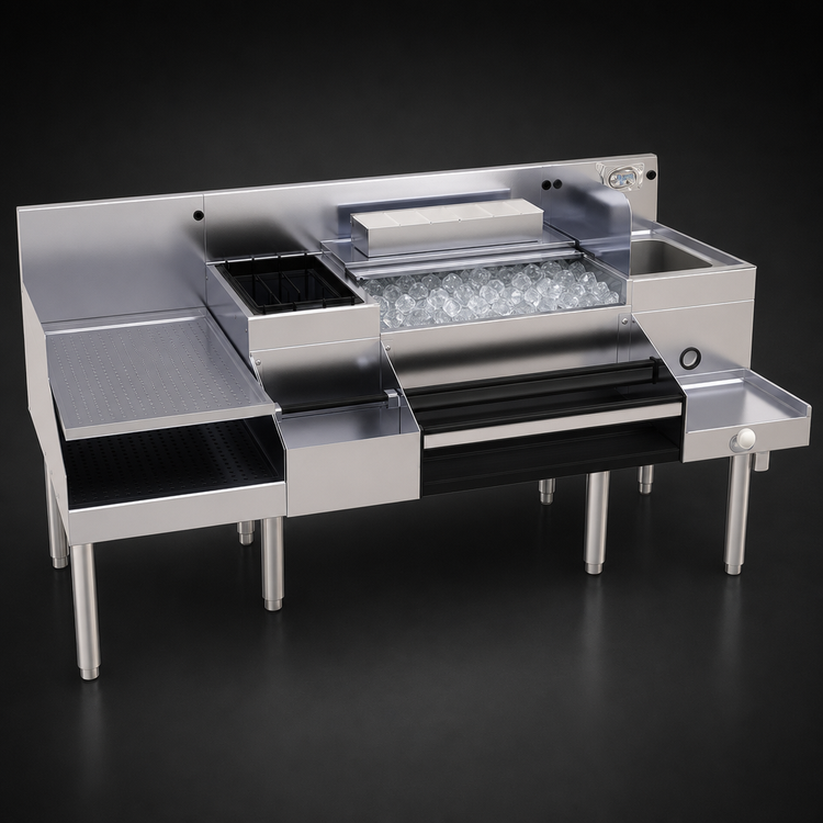 Product image #4 for Glastender 66-Inch All-In-One Underbar Ice Bin Cocktail Station with 10-Circuit Cold Plate, Blender Shelf, Sink, and Speed Rail