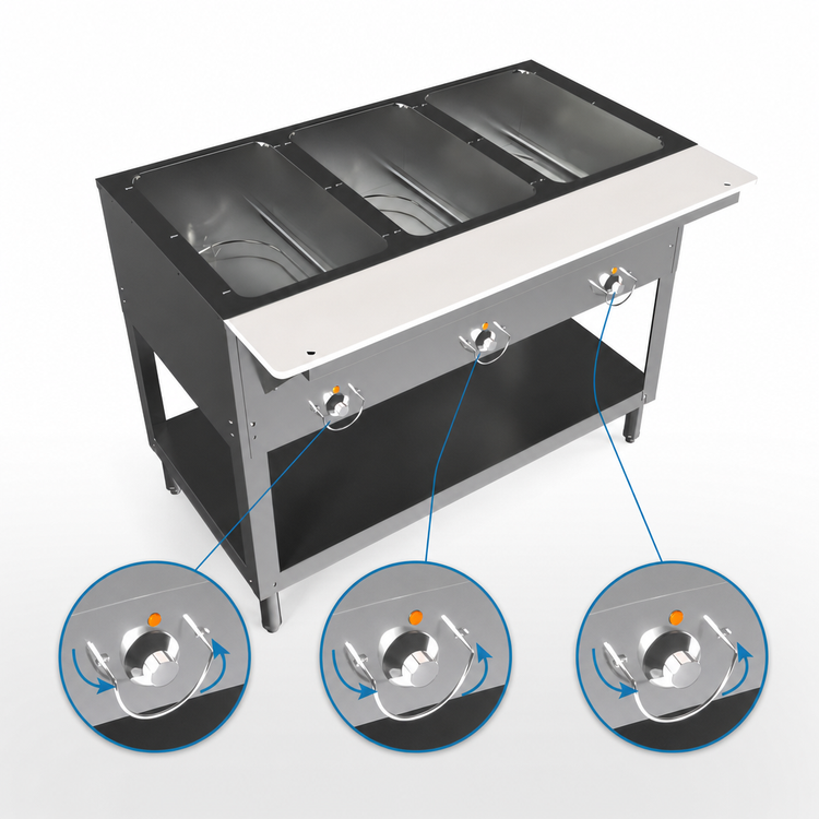 Product image #5 for BK Resources ST-3 3-Pan Electric Open Well Steam Table with Open Shelf Base and Cutting Board Shelf