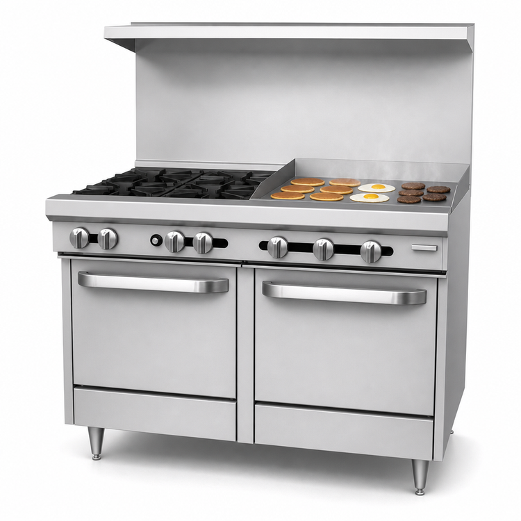 Product image #4 for Southbend S-Series 48-Inch Commercial Gas Restaurant Range with 4 Open Burners, 24-Inch Griddle, Standard Oven, and Cabinet Base