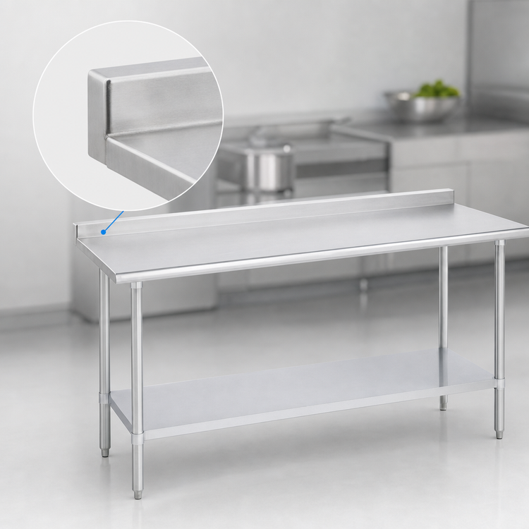 Product image #4 for Duke 314 Series 144-Inch Long x 24-Inch Deep 14-Gauge 300 Series Stainless Steel Work Table with 1-1/8-Inch Straight Riser and Galvanized Base