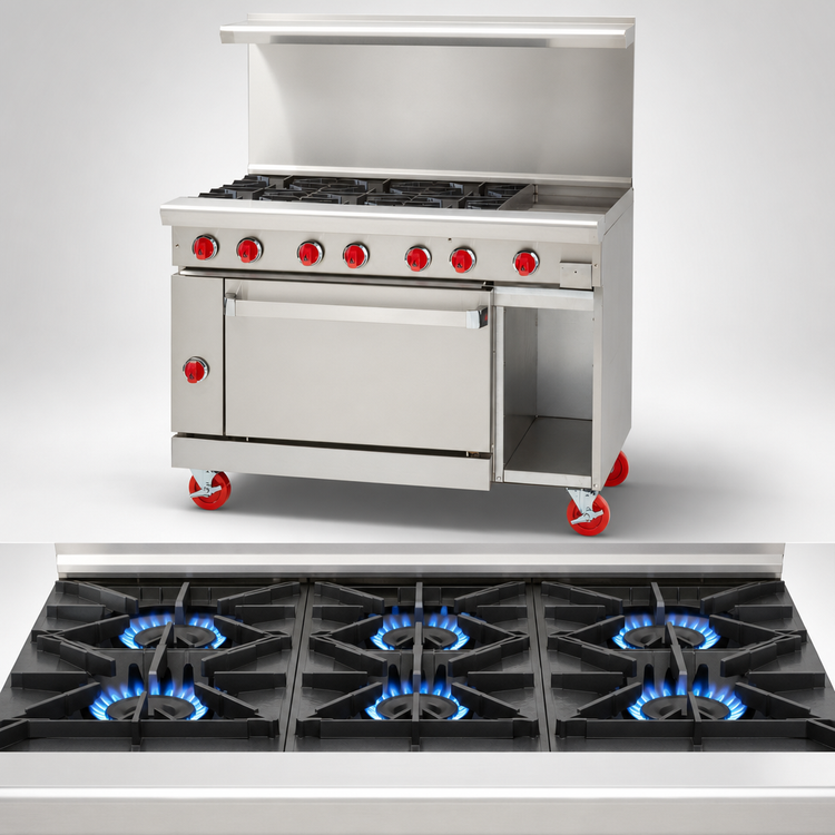Product image #4 for American Range 48-Inch Commercial Gas Restaurant Range with 12-Inch Left Griddle, 6 Open Burners, 26-1/2-Inch Standard Oven, and Right Storage Base