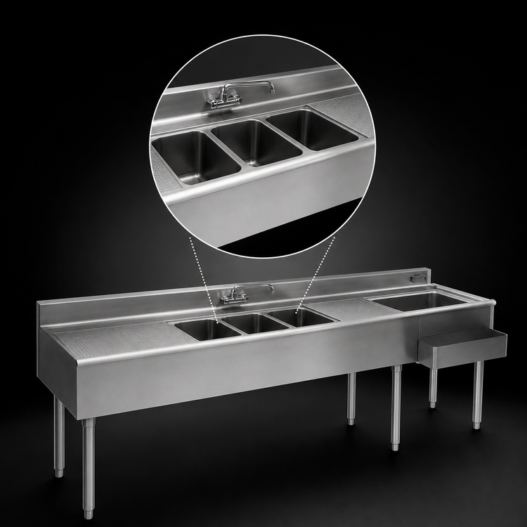 Product image #4 for Eagle Group 2200 Series 9-Foot Underbar Combination Unit with 3 Sink Bowls, 2 Drainboards and Right-Side Ice Bin