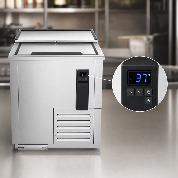 Product image #4 for Atosa MBC24GR 24-3/8-Inch Horizontal Bottle Cooler with Locking Sliding Lid, 4 Cu. Ft., Stainless Steel, Self-Contained Side-Mount Refrigeration