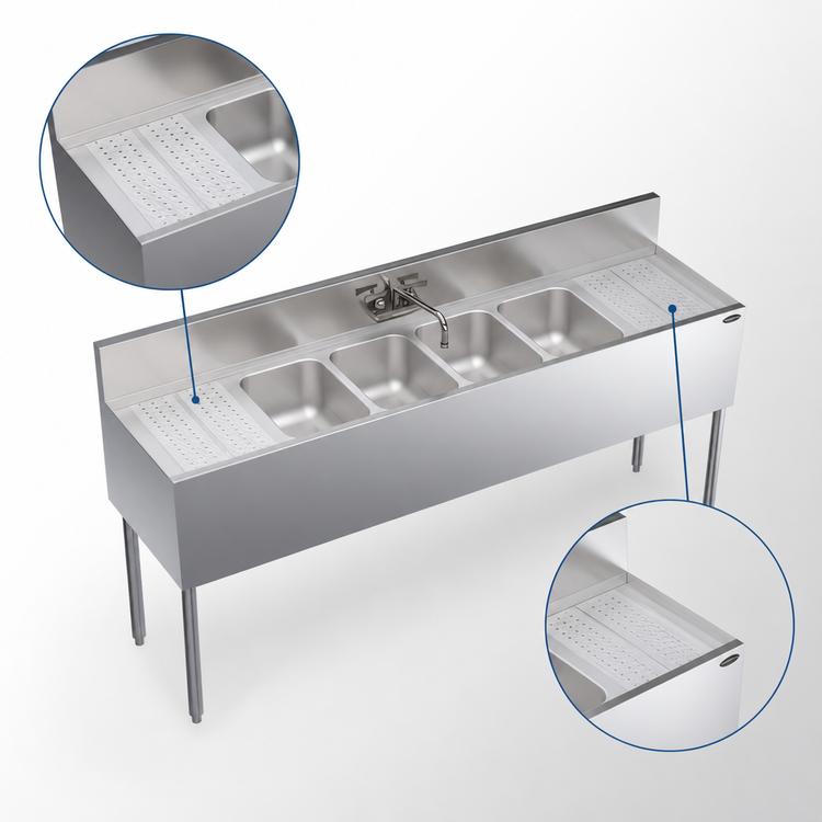 Product image #4 for Krowne Royal Series Four-Compartment Stainless Steel Underbar Sink Unit with Left and Right Drainboards and Faucet, 72 Inch