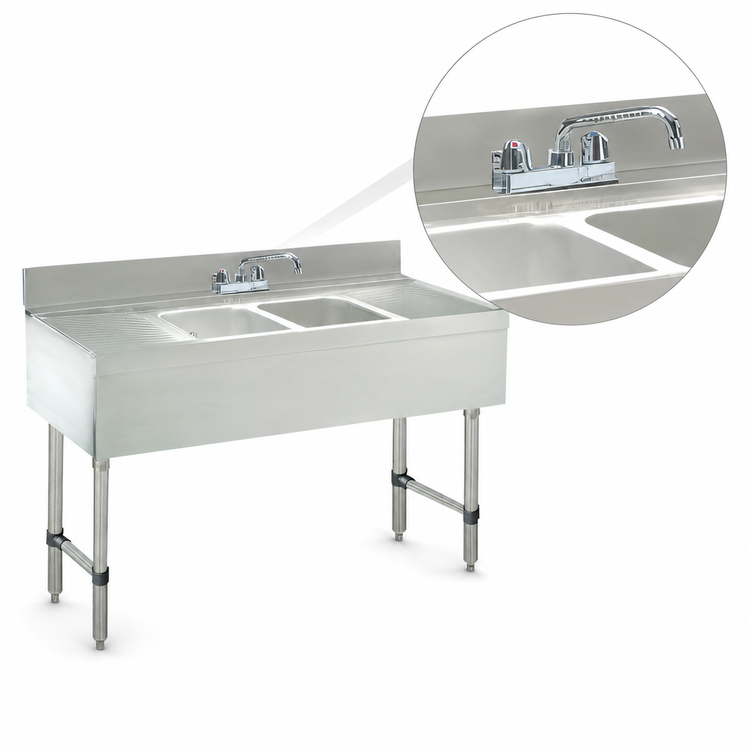 Product image #4 for Advance Tabco Underbar Basics 48-Inch 2-Compartment Stainless Steel Bar Sink Unit with Dual Drainboards and Deck-Mount Faucet
