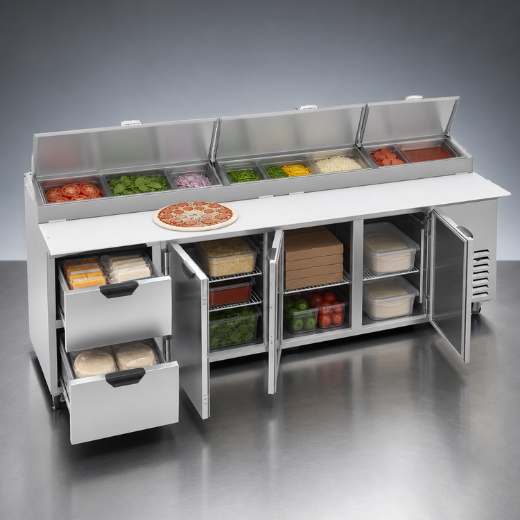 Product image #4 for Beverage-Air DPD119HC-2 119-Inch Four-Section Pizza Top Refrigerated Prep Table with 2 Drawers and 3 Doors