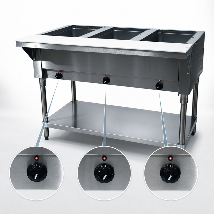 Product image #4 for Advance Tabco Triumph (Supreme) 3-Well Electric Hot Food Table with Open Base and Poly Cutting Board, 47-1/8 Inch Wide