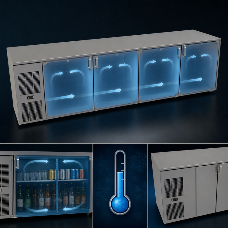 Product image #4 for Glastender 108-Inch Four-Section Front-Serviced Low-Profile Back Bar Cooler with Self-Contained R290 Refrigeration