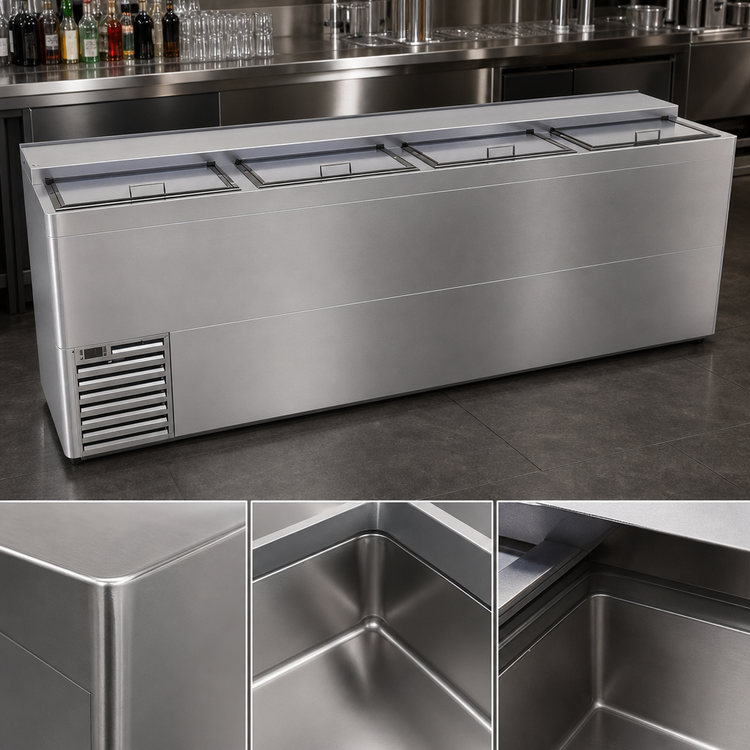 Product image #4 for Glastender 96-Inch Stainless Steel Deep-Well Flat Top Slide-Top Bottle Cooler with 4 Sliding Doors