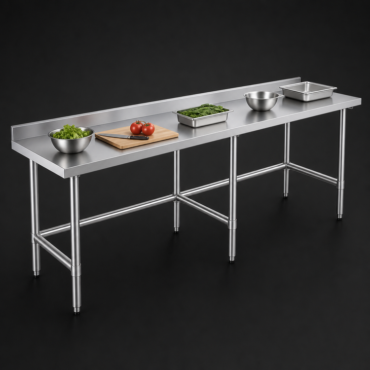 Product image #4 for Steel Works Stainless 84" x 24" x 34" Open Base Stainless Steel Worktable with 2" Rear Backsplash