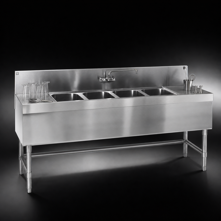 Product image #4 for Eagle Spec-Bar Four-Compartment Underbar Sink Unit with Left and Right Drainboards, 96 Inch W x 19 Inch D x 37 Inch H