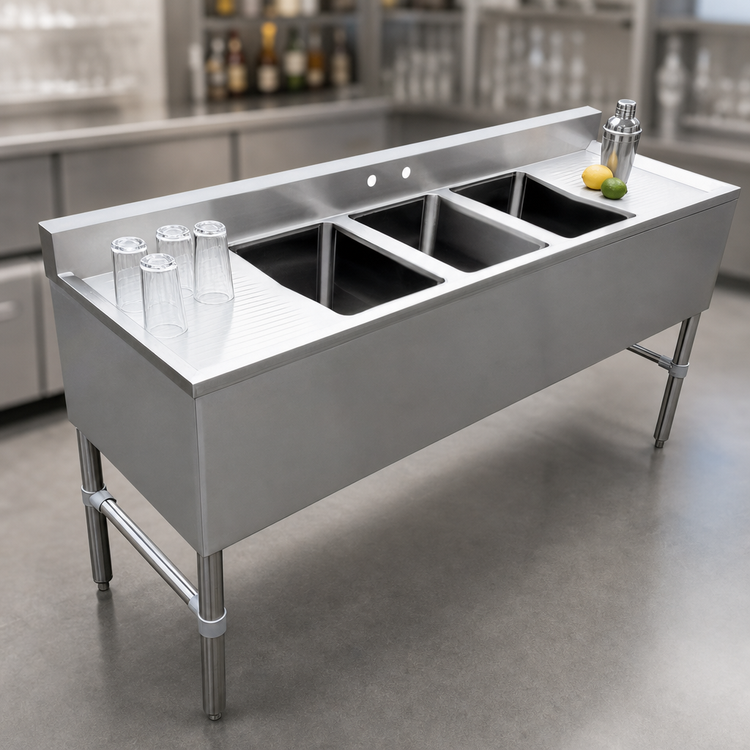Product image #4 for Omcan 3-Compartment Underbar Sink with Left and Right Drainboards, 72 Inch Wide