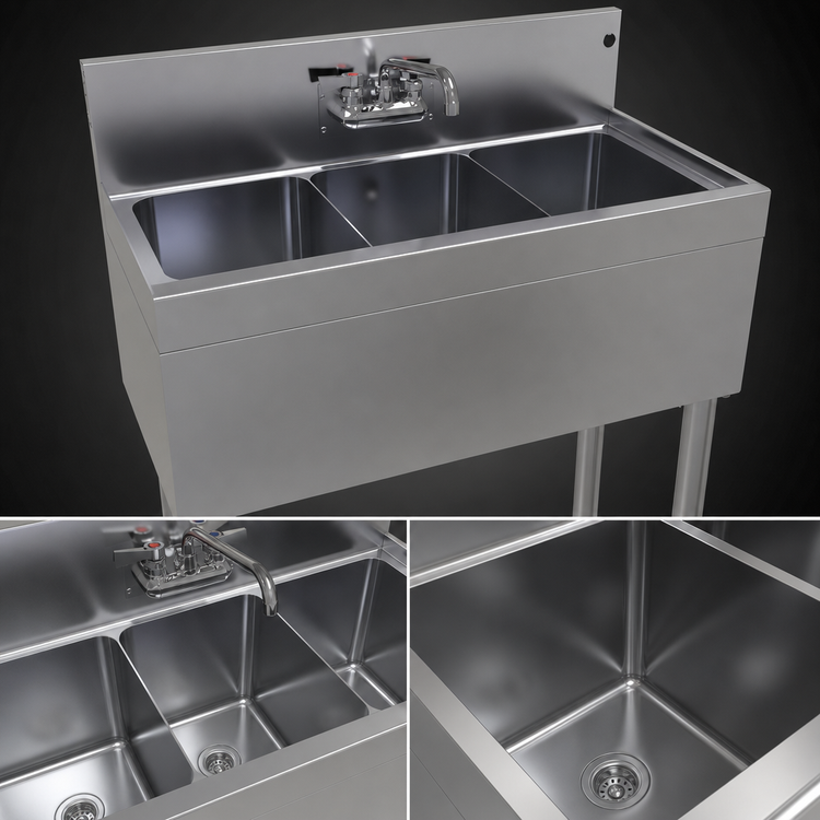 Product image #4 for Glastender Three Compartment Stainless Steel Underbar Sink Unit, 36 Inch W x 19 Inch D, With Splash-Mount Faucet