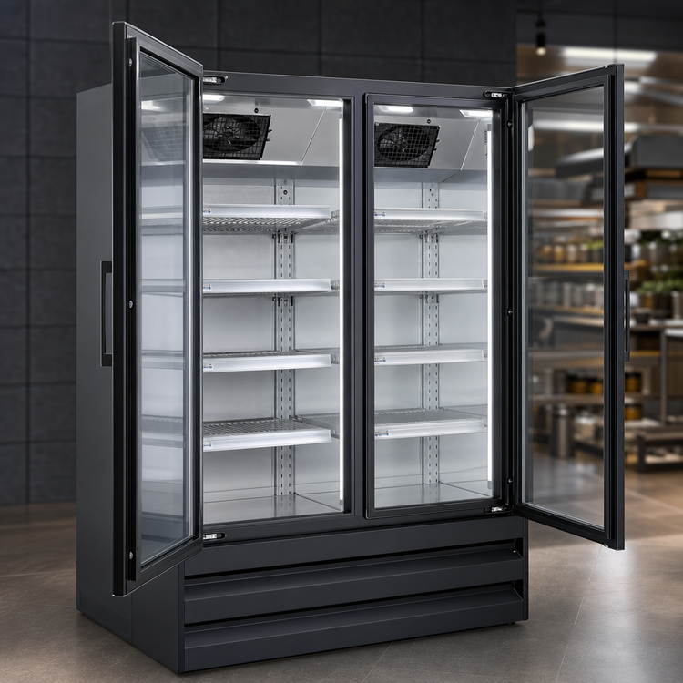 Product image #5 for Howard-McCray 42 Cu. Ft. Two-Section Black Hinged Glass Door Merchandiser Refrigerator, Bottom Mount Self-Contained