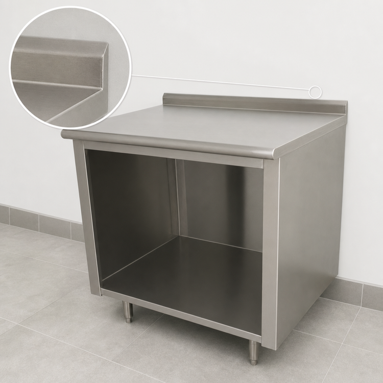 Product image #4 for Advance Tabco 96-Inch x 36-Inch Open Front Cabinet Base Work Table with 14-Gauge 304 Stainless Steel Top and 1-1/2-Inch Rear Up-Turn
