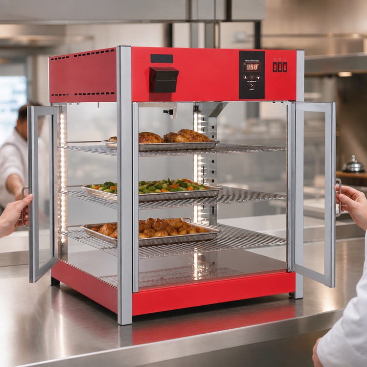 Product image #4 for Winco Heated & Humidified Countertop Hot Food Display Merchandiser with 2 Pass-Through Doors and 3 Shelves