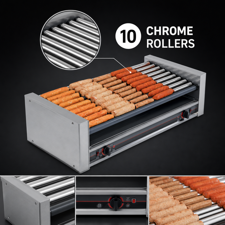 Product image #4 for Roll-A-Grill Slanted Chrome Hot Dog Roller Grill, 27-Dog Capacity, 10 Rollers, 220V