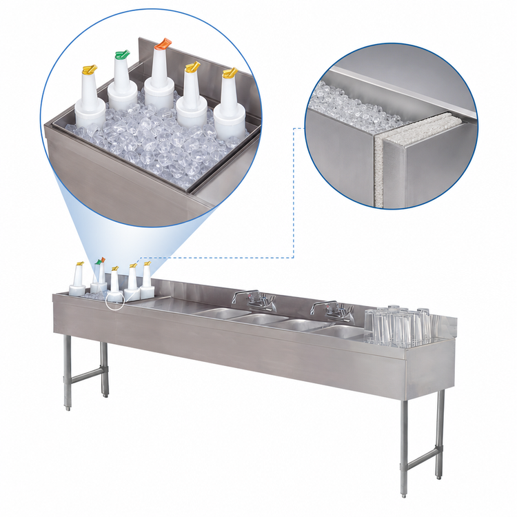 Product image #4 for Advance Tabco Underbar Basics Stainless Steel 3-Compartment Bar Sink and Ice Bin Combination Unit, 84 Inch Wide, Left Ice Bin