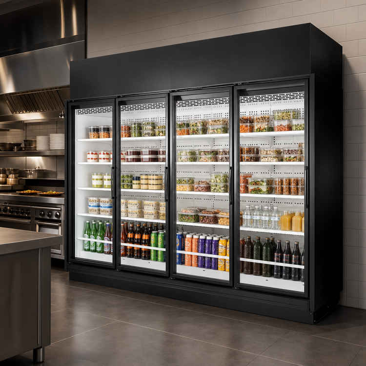 Product image #4 for True 4-Section Hinged Glass Door Refrigerated Merchandiser, Black Exterior/White Interior, Self-Contained, 154.4 Cu. Ft.
