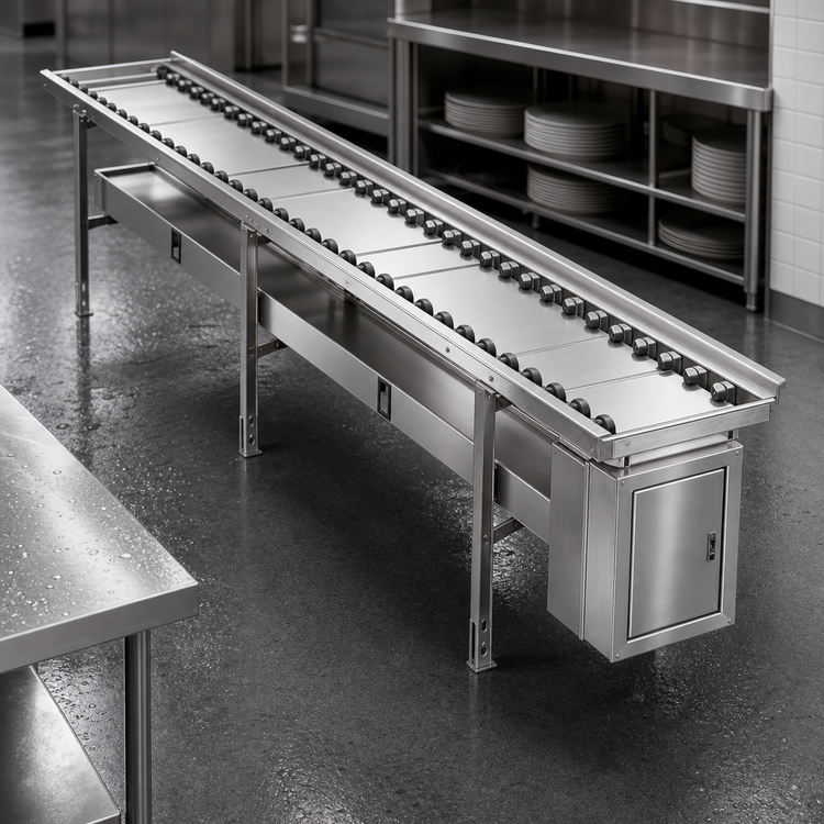 Product image #4 for Dinex DXIESR18 Tray Make-Up Conveyor with PVC Rollers, 18 ft. Section