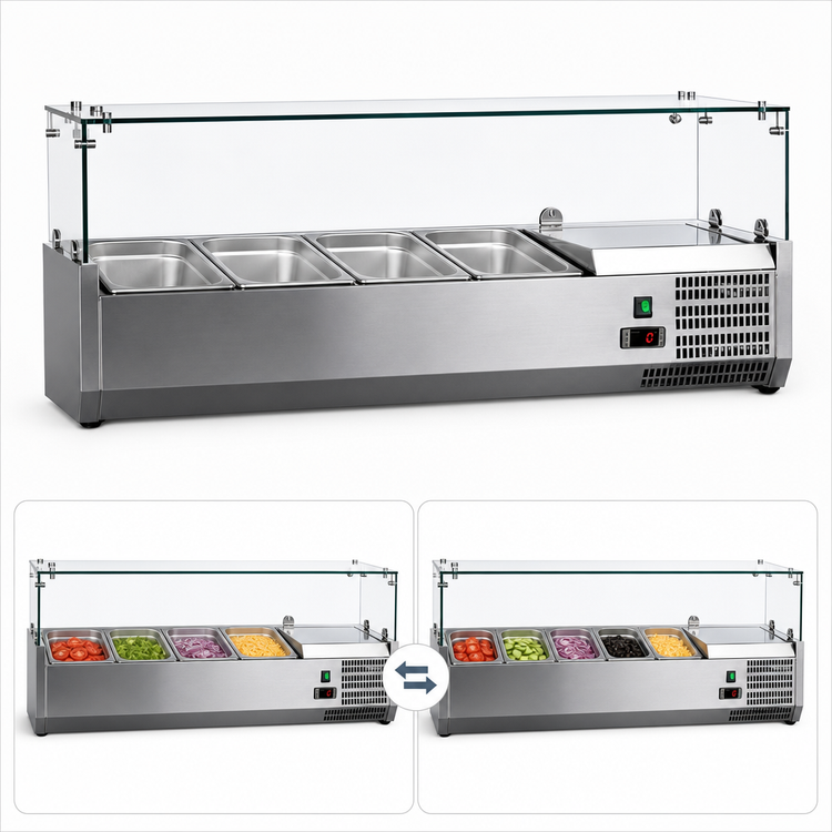 Product image #4 for Omcan 47-Inch Countertop Refrigerated Topping Rail with Glass Sneeze Guard, 4 x 1/3 GN Pan Capacity
