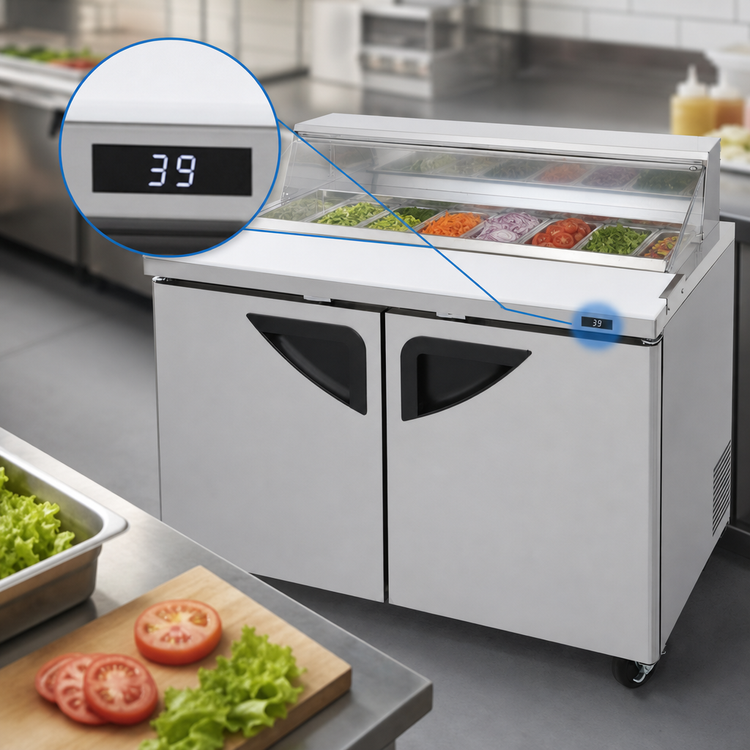 Product image #4 for Turbo Air Super Deluxe 48-1/4-Inch Two-Section Stainless Steel Sandwich/Salad Prep Table with Clear Lid, 12-Pan, Self-Contained Refrigeration