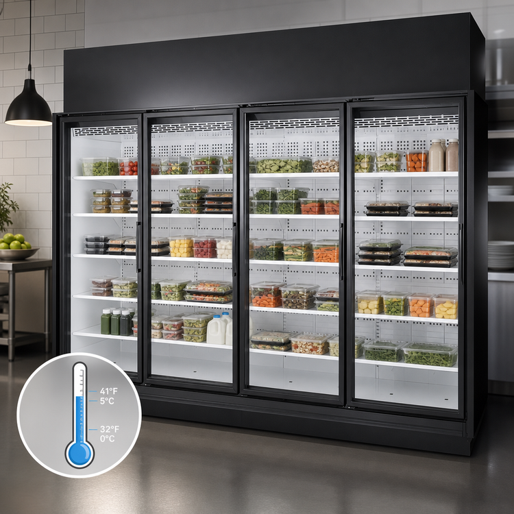 Product image #4 for True 4-Door 4-Section Medium Temperature Glass Door Refrigerated Merchandiser, Self-Contained, Black Exterior/White Interior, 154.4 Cu. Ft.