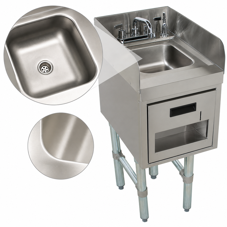 Product image #4 for Advance Tabco Underbar Basics 15-Inch Freestanding Stainless Steel Hand Sink with 4-Inch Side Splashes, Soap Dispenser, and Towel Dispenser