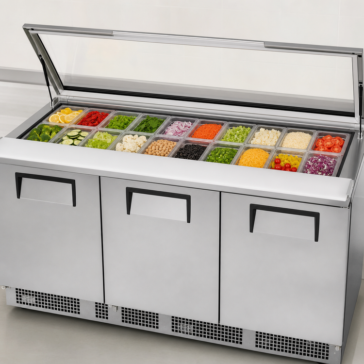 Product image #4 for True 72-Inch Three-Section Sandwich/Salad Prep Table with Flat Glass Lid