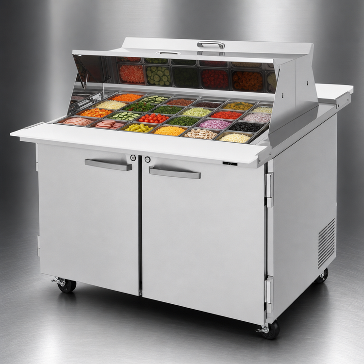 Product image #4 for Turbo Air PRO Series Mega Top Refrigerated Sandwich/Salad Prep Table, 48-1/4 Inch Wide, 2-Section, Dual-Sided Lid, 18-Pan Top