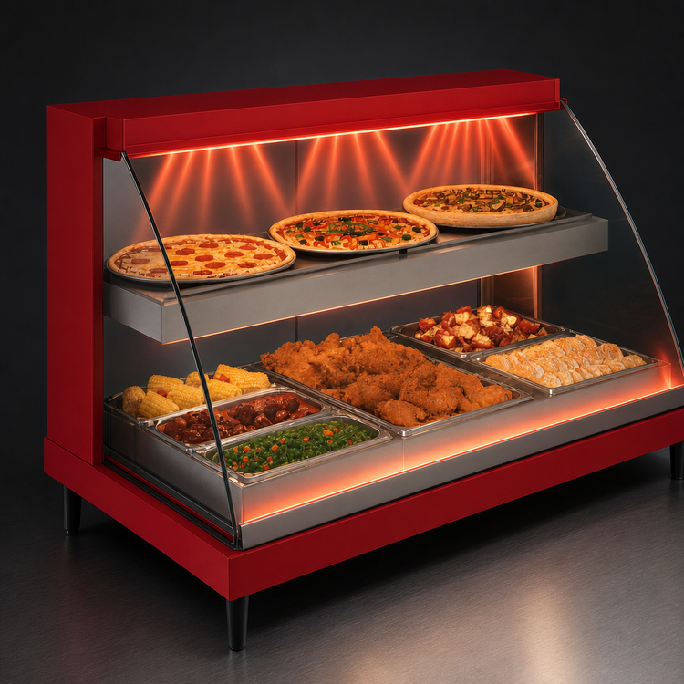 Product image #4 for Hatco Glo-Ray Designer Curved Glass Countertop Hot Food Display Case, Dual Shelf, 3-Pan, 45.5-Inch