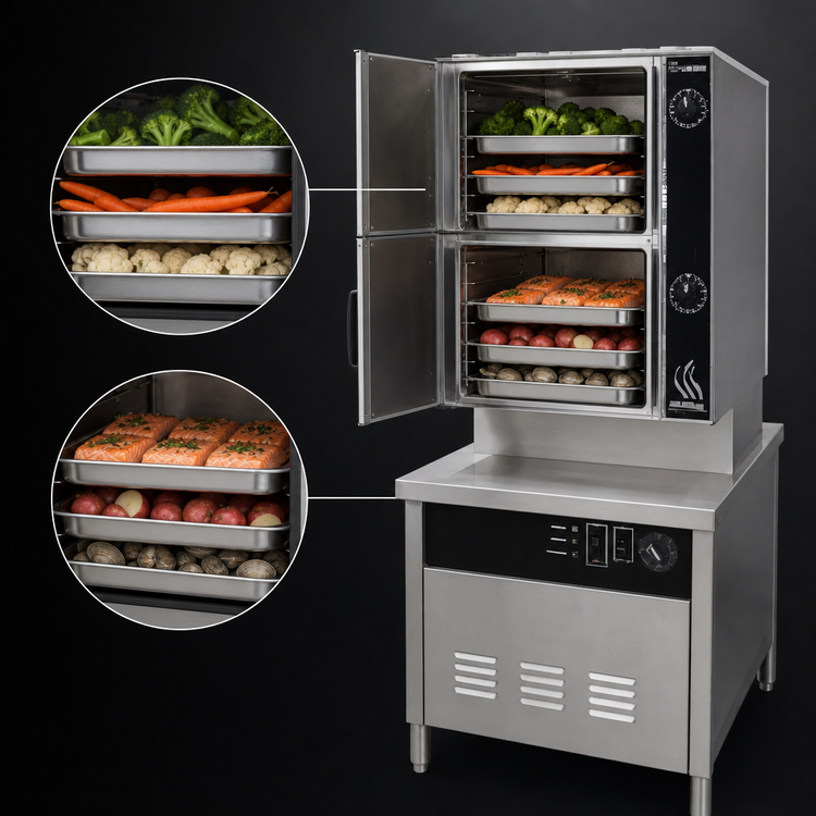 Product image #4 for Groen HyPlus 2-Compartment Pressureless Gas Steamer with 36-Inch Cabinet Base