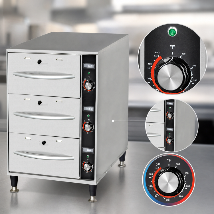 Product image #5 for Omcan USA 3-Drawer Narrow Freestanding Warming Drawer for Full-Size Food Pans