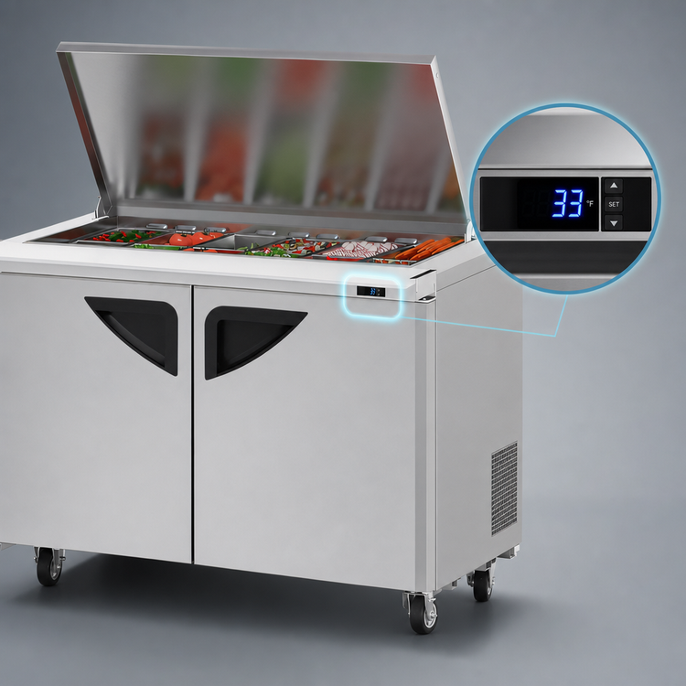 Product image #4 for Turbo Air Super Deluxe 48 1/4 Inch 2-Section Sandwich/Salad Mega Top Prep Table with Flat Lid and Rear-Mounted Refrigeration