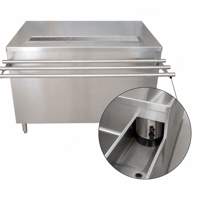 Product image #4 for BK Resources Stainless Steel Cashier-Serve Counter with Sliding Doors and Door-Side Urn Trough, 72W x 30D